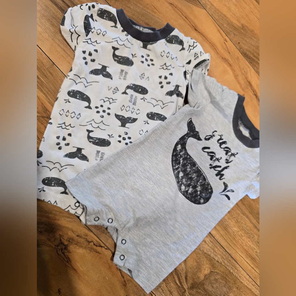 Chick Pea Gray and White Whale Print Baby Rompers-set Of 2